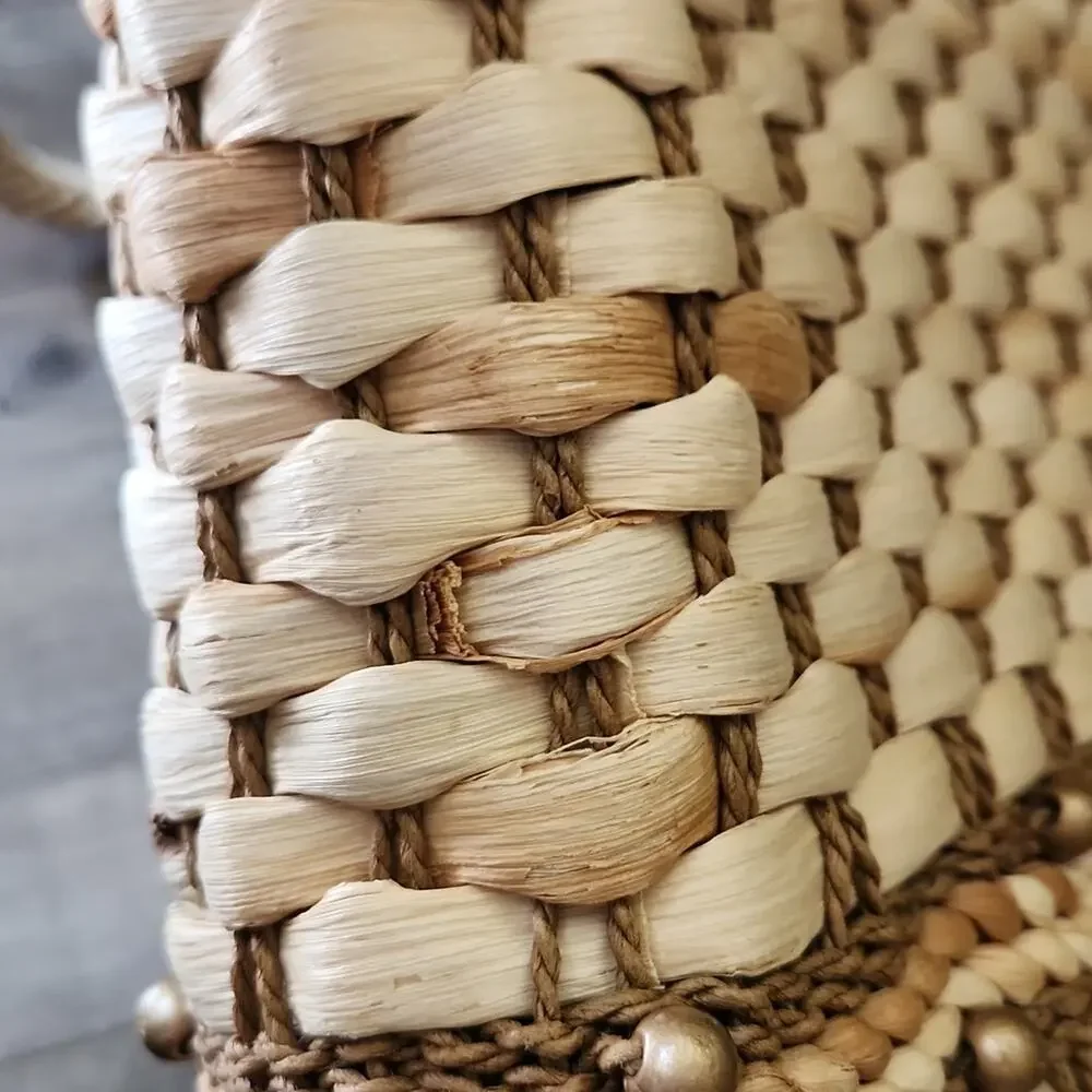 Woven Tan and Brown Cornhusk Purse Handbag‎ Boho Native Neutral Beaded Tropical